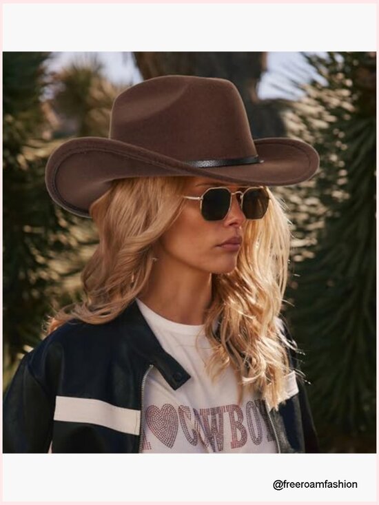Classic Felt Cowboy Hat with Buckle Belt, Wide Brim, Adjustable